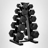 CAP 150 LB Rubber Coated Hex Dumbbell Hand Weight Set with Vertical Storage Rack - Chrome Handle | Black Rack