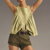 Hixiaohe Shirred Swing Tank Tops for Women Fashion Flowy Sleeveless Shirts Casual Crew Neck Blouse Loose Fit Ruffled Tops(Green,XL)