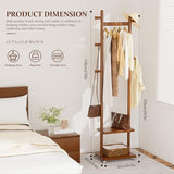 Solid Wood Coat Rack Freestanding Clothing Rack with Wheels & 2 Shelves Storage & 5 Hooks Heavy Duty Clothes Rack Wood Coat Tree Stand Hat Hanger Rack