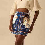 Talakeno Womens Summer Floral Wrap Short Skirt Tie Side High Waist A Line Beach Vacation Boho Mini Skirt(Dark-Blue,M)