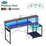 AODK Computer Desk, 56 Inch Gaming Desk with Led Lights & Power Outlet, Office Desk