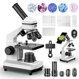 PalliPartners Compound Microscope for Adults & Students - 100X-2000X High-Power Biological Microscope for Students, School Lab & Home Education, with Slides Set & Phone Adapter (White)