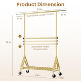 JIEJIERUI Heavy Duty Clothes Rack for Hanging Clothes, Double Rods Clothing Rack with Lockable Wheels, Rolling Garment Racks, Gold