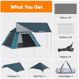 Golabs 3 Person Camping Tent w/ 9.5x8.5 ft Canopy, 3-Minute Setup by Pre-Attached Pole, PU1500mm Waterproof, 4 Side Mesh Tent Top & Door & Ventilation, Portable Family Tent w/Carry Bag & Pocket & Hook