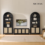 SICOTAS 84.2" Tall Arched Bookcase with Doors - 5 Tier Rattan Bookshelf