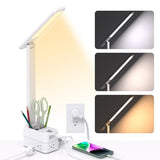 Addtam LED Desk Lamp with Pen Holder, Study Lamps with 3 Outlets 4 USB Charging Ports(2 USBC), 3 Color Modes Desk Light Touch Lamp