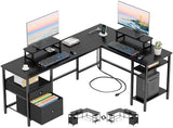 Furologee 66” L Shaped Desk with Power Outlet, Reversible Computer Gaming Desk