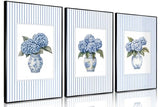 3Pcs Blue Hydrangea Chinoiserie Wall Art Blue and White Stripe Vase Wall Decor Pictures Trendy Preppy Aesthetics Floral Posters Prints for Dorm Apartment Woman Bedroom Decoration Unframed 12x16in