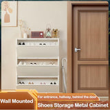 iCHENGGD Shoe Storage Cabinet with 3 Flip Drawers, Hidden Slim Narrow Shoe Rack Cabinet, Wall Mount Metal Shoe Cabinet for Entryway, White
