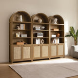 SICOTAS 84.2" Tall Arched Bookcase with Doors - 5 Tier Rattan Bookshelf