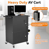 AV Cart - Heavy Duty Computer Cart with 2 Cabinets, Rolling Media Cart with 4 Outlets & Pegboard & Hooks