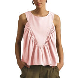 Hixiaohe Shirred Swing Tank Tops for Women Fashion Flowy Sleeveless Shirts Casual Crew Neck Blouse Loose Fit Ruffled Tops(Pink,L)