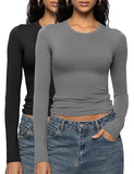 Enerful 2 Piece Women's Long Sleeve Shirts Crew Neck Slim Fitted Going Out Crop Casual Tops Basic Tees,Black Dark Gray X-Large