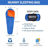 QEZER Down Mummy Sleeping Bag for Adults, 54°F to 28°F Warm Weather Lightweight Compact for Camping Backpacking Hiking, Outdoor Sleeping Bag with 600 Fill Power Down