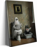 Funny Halloween Ghost and Black Cat Bathroom Canvas Wall Art Gothic Ghost on Toilet Wall Decor Picture Humor Toilet Posters Prints Dark Academia Aesthetic Decoration 12x16in
