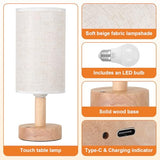 Rechargeable Cordless Touch Table Lamp with Stepless Dimming,Natural Wood Base&Linen Shade,Small Battery Wireless Ambient Night Light