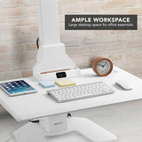 Mount-It! Electric Standing Desk Converter, Motorized Sit Stand Desk Riser with Dual Monitor Mounts, Adjustable Height Ergonomic Workstation with 28” Wide Platform and Tablet/Phone Slot, White