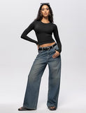 Enerful 2 Piece Women's Long Sleeve Shirts Crew Neck Slim Fitted Going Out Crop Casual Tops Basic Tees,Black Dark Gray X-Large