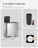 Trash Can, 2 x 8 Gallon (2 x 30 L) Garbage Can for Kitchen, with 15 Trash Bags, 2 Compartments