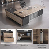 SAINTCY L-Shaped Executive Desk, Industrial Office Desk with Drawer & Cabinet, Large Wood Desktop