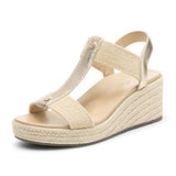 Athlefit Women's Espadrille Platform Wedge Sandals Comfortable Dressy Casual Open Toe Elastic Strap Gold Sandals with Arch Support for Summer Walking Size 5.5