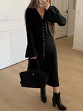 AUGCONE Long Cardigan Sweaters for Women Chunky Open Knit Button Up Dress(Black, S