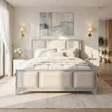 Queen Size Wooden Bed Frame with Upholstered Headboard, White Wood & Beige Fabric