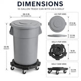 Getzi 1 Pack 55 Gallon Gray Round Commercial Trash Can with Lid and Dolly