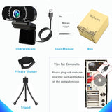 1080P Webcam with Microphone/Tripod/Privacy Cover/Wide Angle 110°, Plug & Play, USB Web Camera
