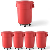 5 PACK! 55 Gallon Round Trash Can with Lid and Dolly, 200 Liter Commercial Trash Can, Trash Bin for Kitchen