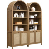 SICOTAS 84.2" Tall Arched Bookcase with Doors - 5 Tier Rattan Bookshelf