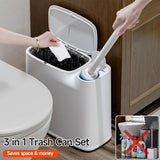 CTIME Bathroom Trash can Set, 2 Gallon White Small Trash Can with Lid, Disposable Toilet Brush, Storage Caddy and 12 Refills
