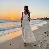 Mincib Womens Long Tulle Skirt A Line Ruffle Tiered Layered Skirts High Waisted Flowy Fairy Maxi Skirts(Beige, M)