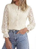 AUGCONE Long Sleeve Shirts for Women Lace Top Button Down Blouse(Apricot, M