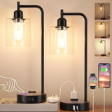 Industrial Touch Table Lamps for Bedrooms Set of 2 - 3-Way Dimmable Nightstand Lamps with USB C+A Ports and Outlet, Black Bedside Lamps