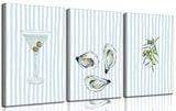 SZV 3Pcs Oyster Shell Wall Art Prints Funky Martini Lemon Bar Cart Wall Decor Pictures Blue White Striped Preppy Coastal Granddaughter Aesthetic Posters Beach House Apartments Decoration 16x24in