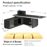SAINTCY 86" Executive Desk with Drawers - L Shaped Desk with File Cabinet, Black Executive Office Desks with LED Light