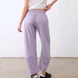 SeeLuNa Women Barrel Travel Pants Elastic Waistband Tapered Leg Baggy Mid Rise Work Trousers Lounge Pant with Pockets(Light-Purple,M)