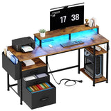 Gaming Desks with Led Lights and Power Outlets, 55 Inch with Shelves Monitor Stand, Rustic Brown