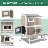 Insulated Cat House for Winter, Wood Two Story Outdoor Cat House Weatherproof with Cat Scratching Cloth, 3 Jumping Platforms, 3 Doors, Outside Indoor Clawsable Feral Cats Shelter for Small Animals