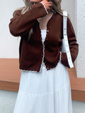 Mieazom Women's Long Sleeve Cardigan Button Down Knit Jackets Open Front Cropped Contrast Color Trim Sweaters Fall Winter Tops Brown S