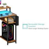 Gaming Desks with Led Lights and Power Outlets, 55 Inch with Shelves Monitor Stand, Rustic Brown