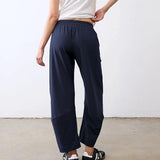 SeeLuNa Women Barrel Travel Pants Elastic Waistband Tapered Leg Baggy Mid Rise Work Trousers Lounge Pant with Pockets(Navy,S)