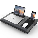 Potuopy Lap Desk - Up to 17” Laptop Tray with Wrist Rest, Portable Handle, Fixed Mouse Pad, Tablet & Phone Slots, Laptop Stand for Bed with Cushion (Black)