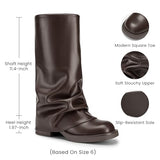 Athlefit Women's Slouchy Fold Over Boots Platform Low Heel Square Toe Slip On Wide Mid Calf Brown Boots for Office Work Walking Size 7