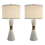 Pemberly Row 30.5" Hourglass Resin & Metal Table Lamps, Matte White Finish with Brushed Gold Band, Linen Shade, 3-Way Switch, Modern Set of 2 for Living Room, Bedroom, or Office