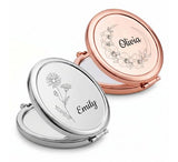 CHENGXINXINXI 2 Pieces of Personalized Engraved mini Portable Double-Sided Makeup Mirror, which can be Engraved with Birthday Flowers and Names. It is a for Young Girls and Female Friends.