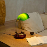 Bankers Lamp, Traditional Green Desk Lamp with Solid Birch Wood Base, Green Glass Antique Library Lamp with Pull Chain Switch