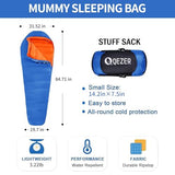 QEZER Down Mummy Sleeping Bag for Adults, 3 Season Lightweight Compact for Camping Backpacking Hiking, 45°F to 18°F Sleeping Bag with 600 Fill Power Down