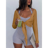 Talakeno Womens Ballet Wrap Tops Cropped Long Sleeve Self Tie Front Shirt Y2K Workout Yoga Pilates Dance Cover Up Blouse(Brown,XL)